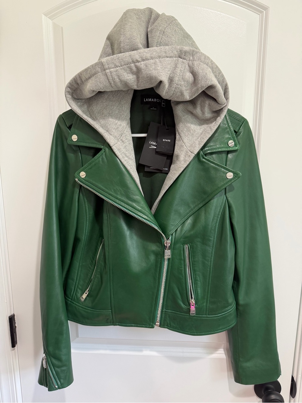 LAMARQUE Holy bottle Green Leather biker Jacket with Removable Grey Hood